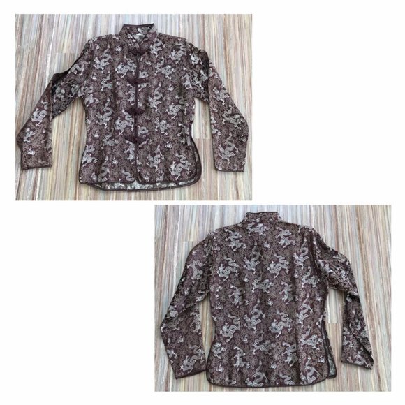 Brown Satin Cheongsam Blouse QiPao Tang Shirt Top with Gold Dragon Design - Picture 4 of 4